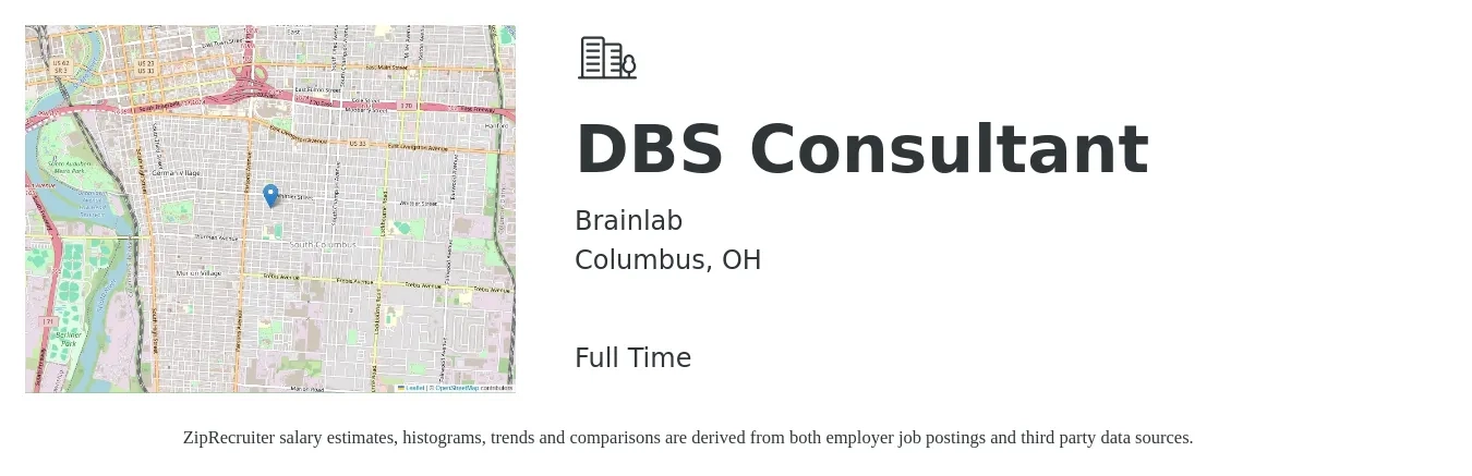 Brainlab, Inc. job posting for a DBS Consultant in Columbus, OH with a salary of $24 to $63 Hourly with a map of Columbus location.