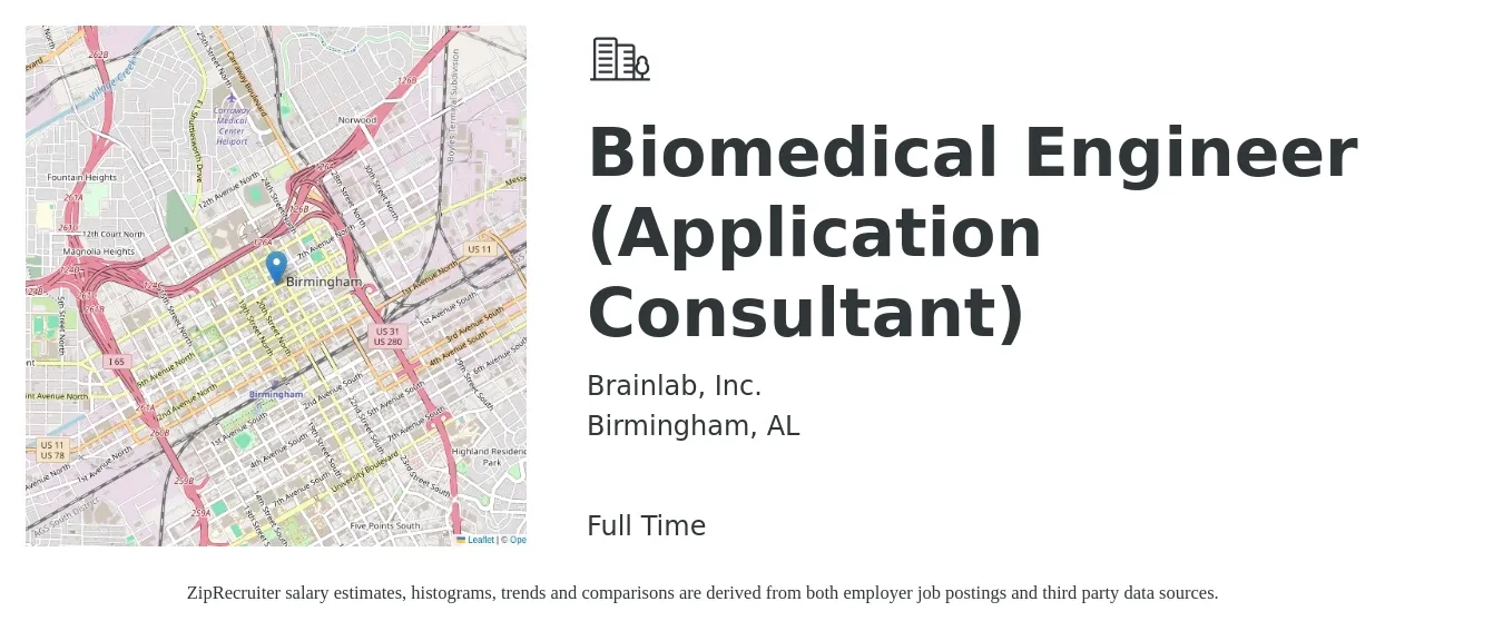Brainlab, Inc. job posting for a Biomedical Engineer (Application Consultant) in Birmingham, AL with a salary of $78,700 to $126,500 Yearly with a map of Birmingham location.