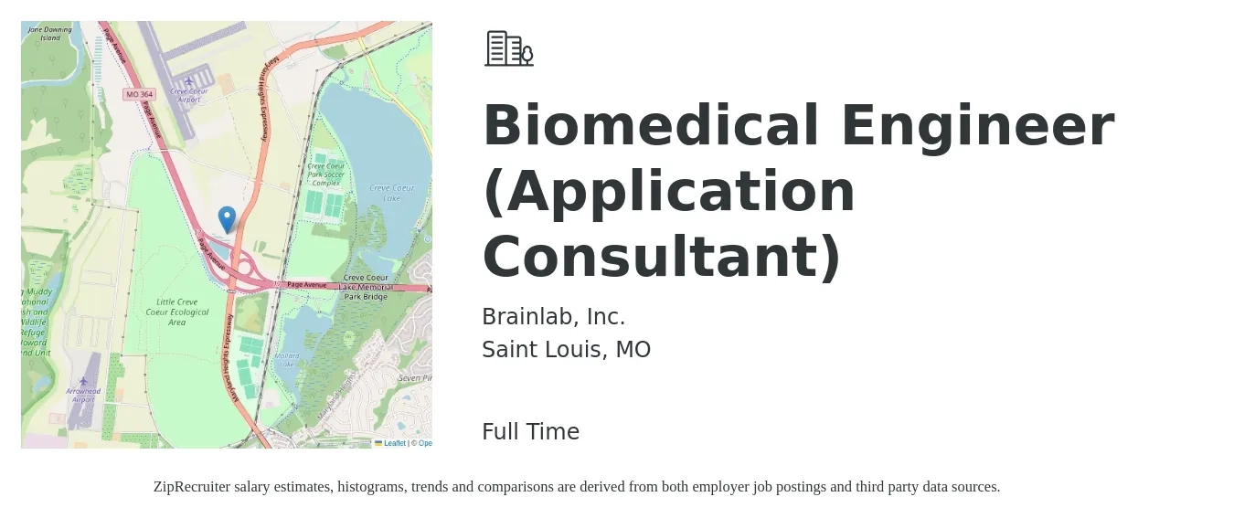 Brainlab, Inc. job posting for a Biomedical Engineer (Application Consultant) in Saint Louis, MO with a salary of $81,700 to $131,200 Yearly with a map of Saint Louis location.