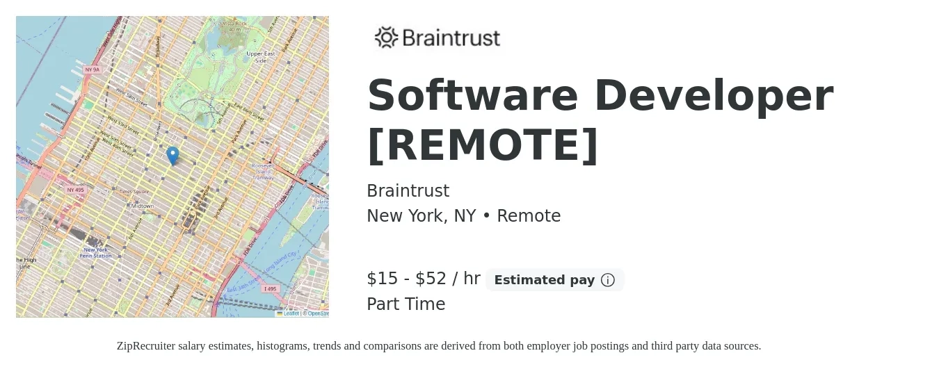 Braintrust job posting for a Software Developer [REMOTE] in New York, NY with a salary of $16 to $55 Hourly with a map of New York location.
