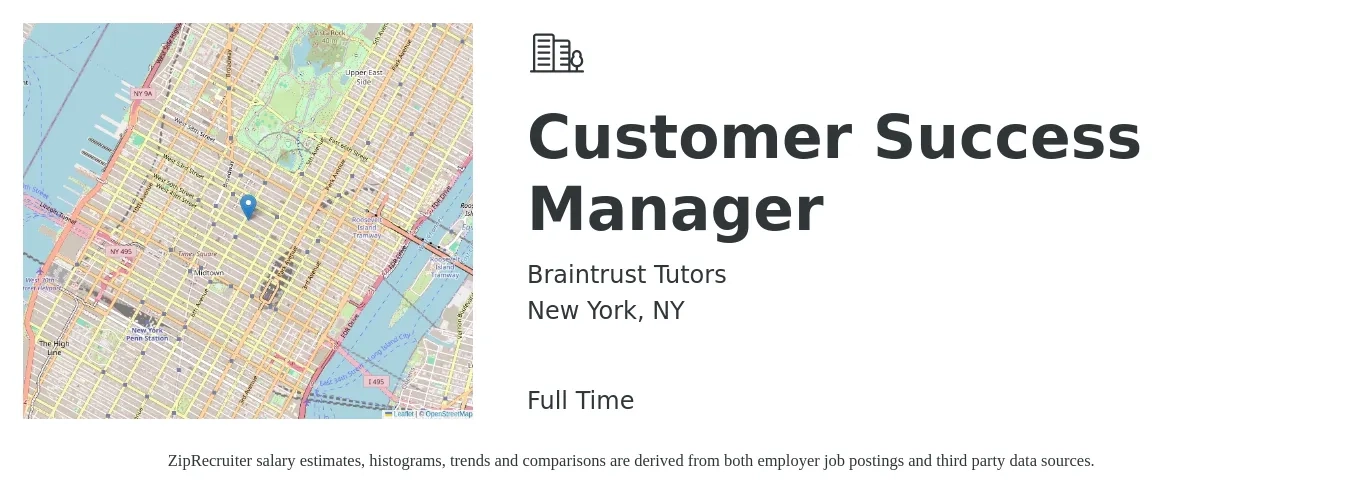 Braintrust Tutors job posting for a Customer Success Manager in New York, NY with a salary of $28 to $40 Hourly with a map of New York location.