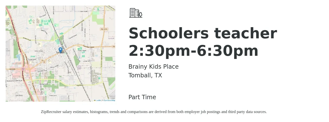 Brainy Kids Place job posting for a Schoolers teacher 2:30pm-6:30pm in Tomball, TX with a salary of $13 Hourly with a map of Tomball location.