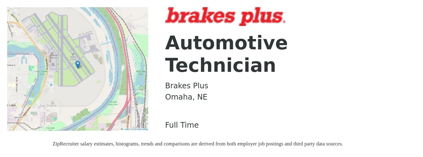 Brakes Plus job posting for a Automotive Technician in Omaha, NE with a salary of $25 to $35 Hourly with a map of Omaha location.