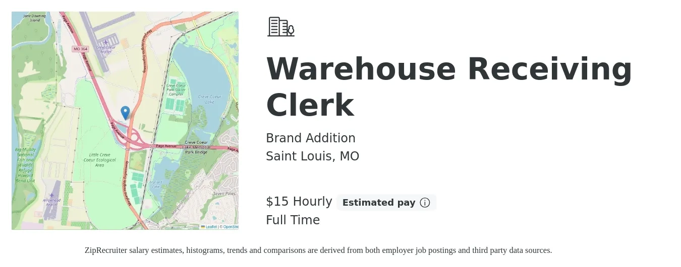 Brand Addition job posting for a Warehouse Receiving Clerk in Saint Louis, MO with a salary of $16 Hourly with a map of Saint Louis location.