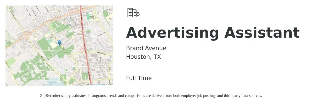 Brand Avenue job posting for a Advertising Assistant in Houston, TX with a salary of $14 to $30 Hourly with a map of Houston location.