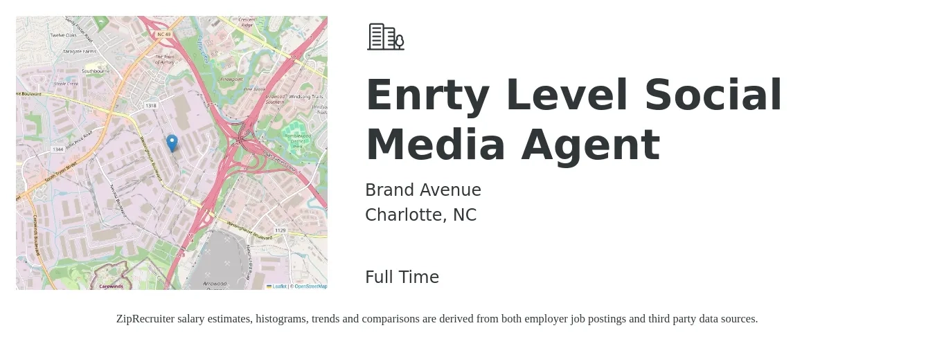 Brand Avenue job posting for a Enrty Level Social Media Agent in Charlotte, NC with a salary of $4,000 to $5,120 Monthly with a map of Charlotte location.