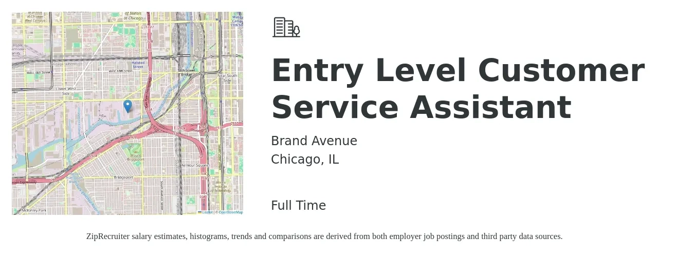 Brand Avenue job posting for a Entry Level Customer Service Assistant in Chicago, IL with a salary of $18 to $24 Hourly with a map of Chicago location.