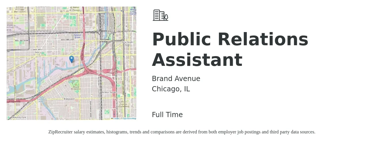 Brand Avenue job posting for a Public Relations Assistant in Chicago, IL with a salary of $18 to $28 Hourly with a map of Chicago location.