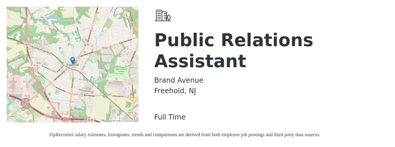 Brand Avenue job posting for a Public Relations Assistant in Freehold, NJ with a salary of $17 to $27 Hourly with a map of Freehold location.