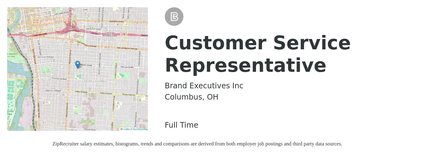 Brand Executives Inc job posting for a Customer Service Representative in Columbus, OH with a salary of $16 to $21 Hourly with a map of Columbus location.