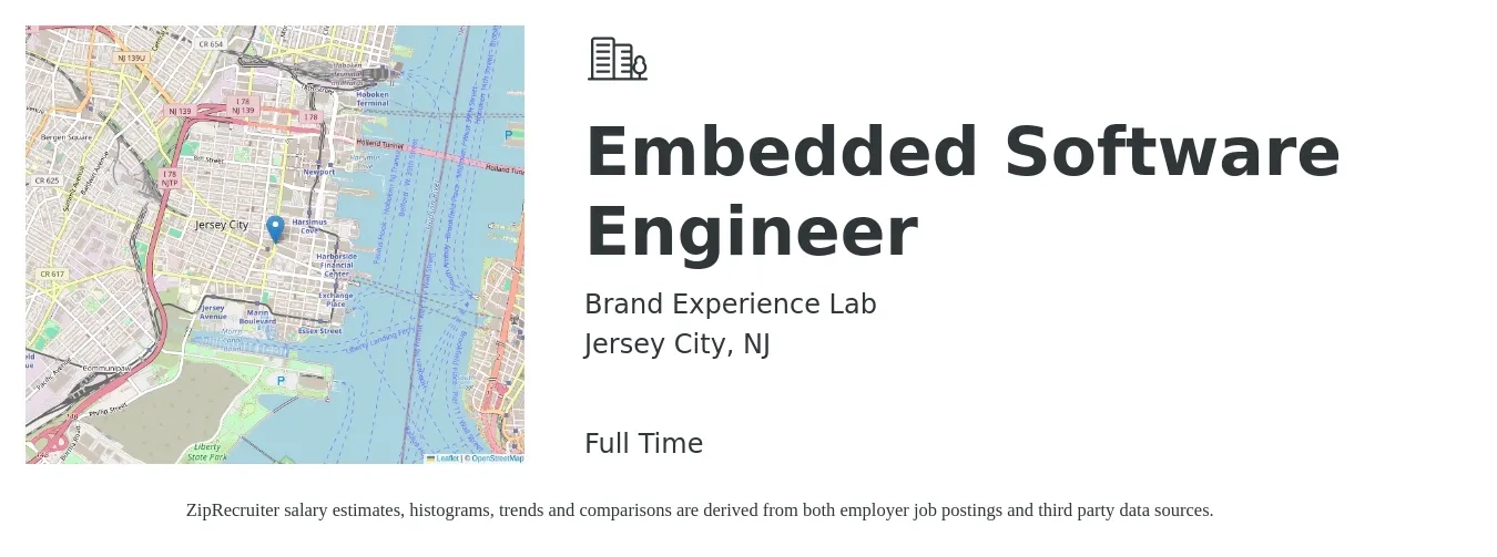 Brand Experience Lab job posting for a Embedded Software Engineer in Jersey City, NJ with a salary of $137,300 to $180,600 Yearly with a map of Jersey City location.