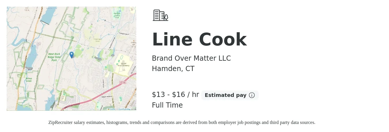 Brand Over Matter LLC job posting for a Line Cook in Hamden, CT with a salary of $14 to $17 Hourly with a map of Hamden location.