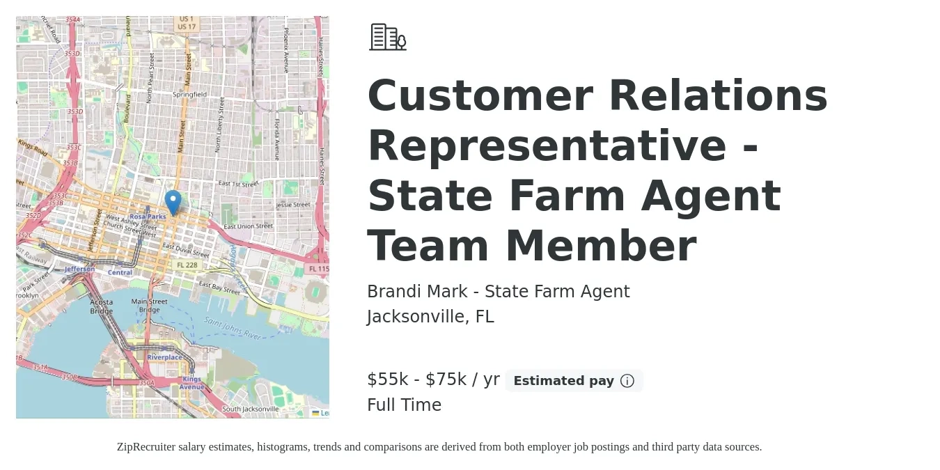 Brandi Mark - State Farm Agent job posting for a Customer Relations Representative - State Farm Agent Team Member in Jacksonville, FL with a salary of $55,000 to $75,000 Yearly with a map of Jacksonville location.