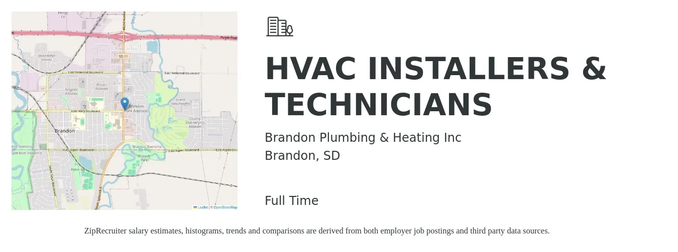Brandon Plumbing & Heating Inc job posting for a HVAC INSTALLERS & TECHNICIANS in Brandon, SD with a salary of $22 to $33 Hourly with a map of Brandon location.
