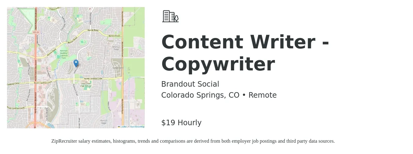Brandout Social job posting for a Content Writer - Copywriter in Colorado Springs, CO with a salary of $20 Hourly with a map of Colorado Springs location.