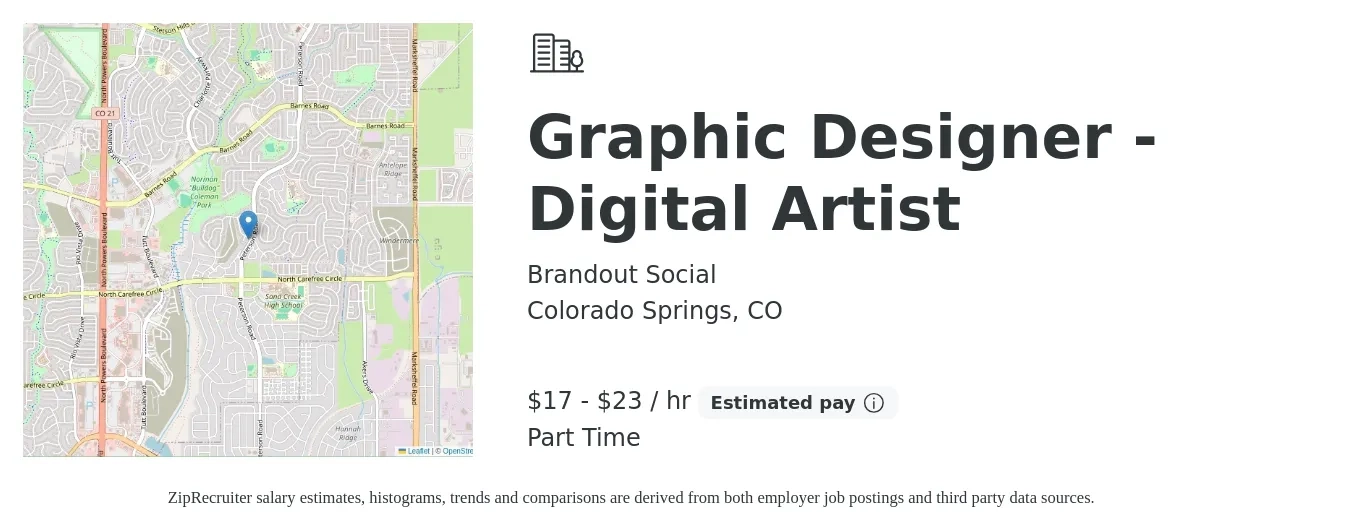 Brandout Social job posting for a Graphic Designer - Digital Artist in Colorado Springs, CO with a salary of $18 to $24 Hourly with a map of Colorado Springs location.