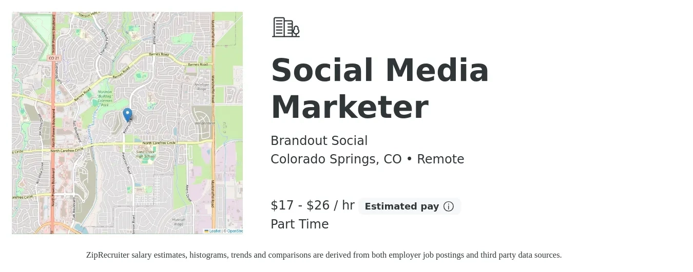 Brandout Social job posting for a Social Media Marketer in Colorado Springs, CO with a salary of $18 to $28 Hourly with a map of Colorado Springs location.