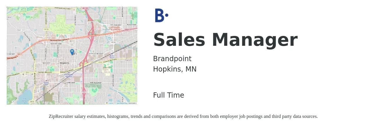 Brandpoint job posting for a Sales Manager in Hopkins, MN with a salary of $45,800 to $98,300 Yearly with a map of Hopkins location.