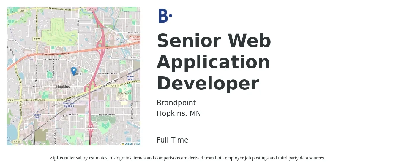 Brandpoint job posting for a Senior Web Application Developer in Hopkins, MN with a salary of $113,500 to $146,600 Yearly with a map of Hopkins location.