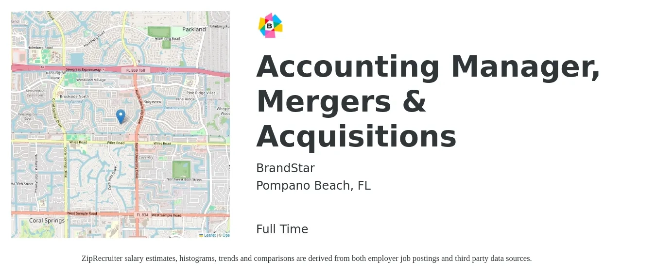 BrandStar job posting for a Accounting Supervisor, Mergers & Acquisitions in Pompano Beach, FL with a salary of $85,200 to $127,500 Yearly with a map of Pompano Beach location.