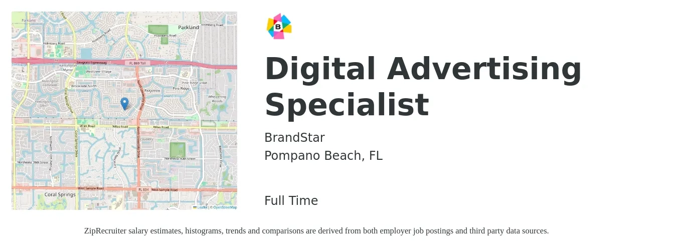BrandStar job posting for a Digital Advertising Specialist in Pompano Beach, FL with a salary of $47,000 to $91,700 Yearly with a map of Pompano Beach location.