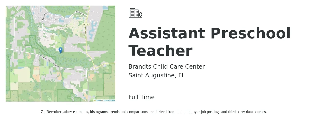Brandts Child Care Center job posting for a Assistant Preschool Teacher in Saint Augustine, FL with a salary of $13 to $16 Hourly with a map of Saint Augustine location.
