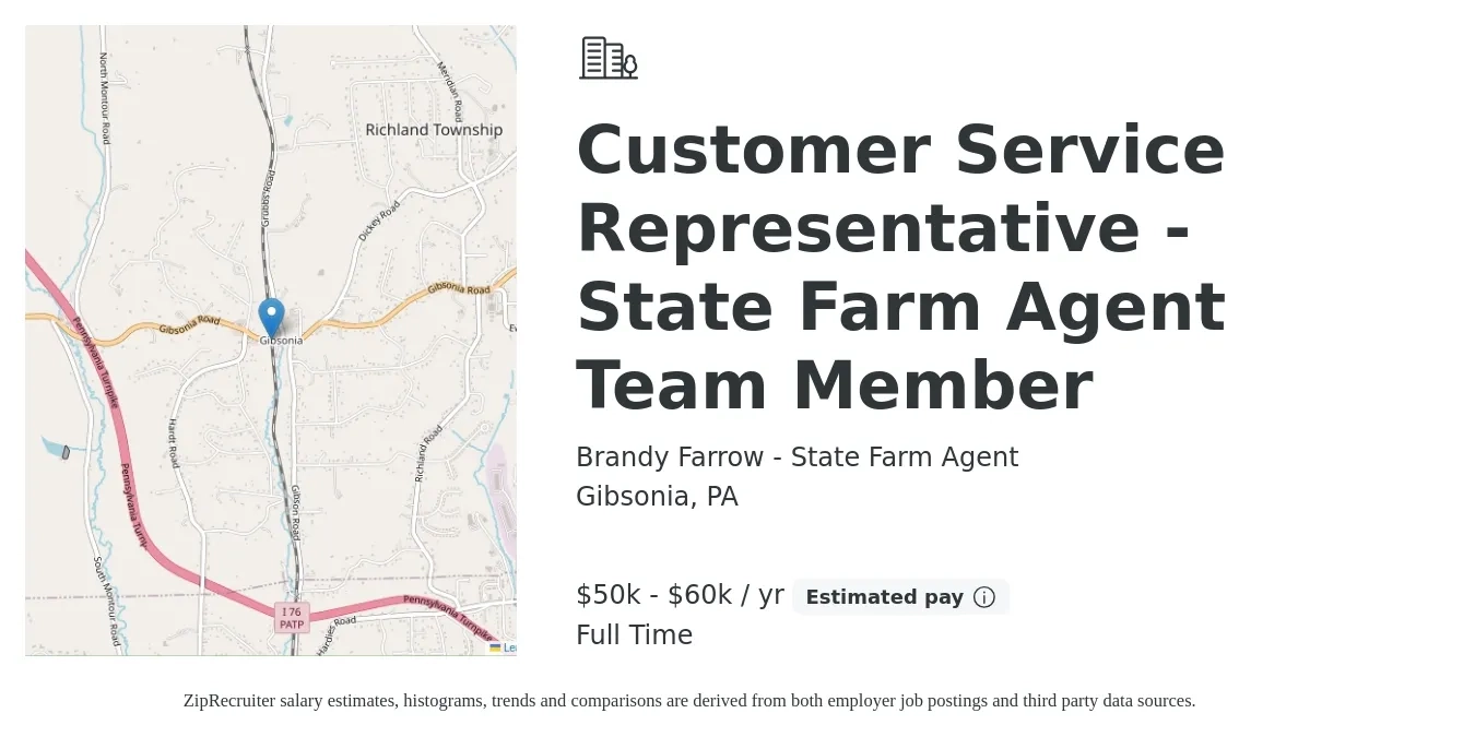 Brandy Farrow - State Farm Agent job posting for a Customer Service Representative - State Farm Agent Team Member in Gibsonia, PA with a salary of $50,000 to $60,000 Yearly with a map of Gibsonia location.