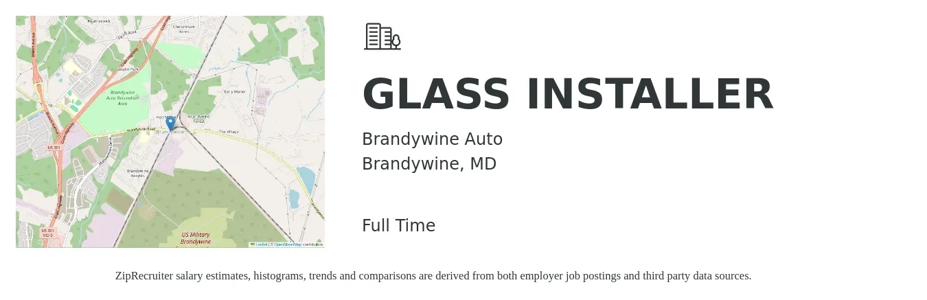 Brandywine Auto job posting for a GLASS INSTALLER in Brandywine, MD with a salary of $18 to $24 Hourly with a map of Brandywine location.