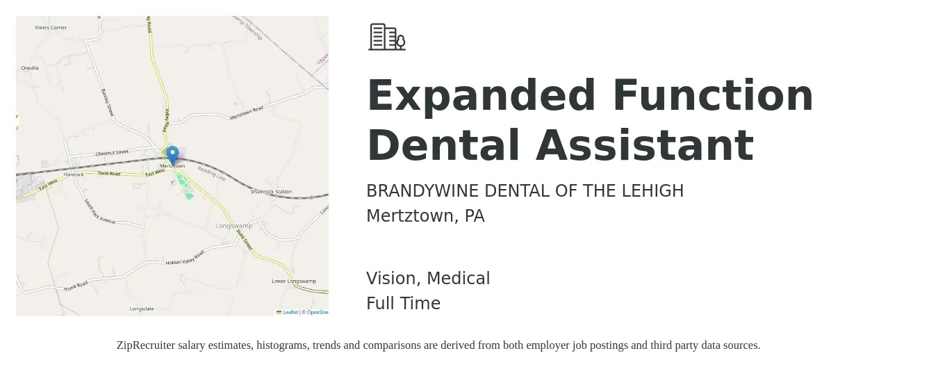 BRANDYWINE DENTAL OF THE LEHIGH job posting for a Expanded Function Dental Assistant in Mertztown, PA with a salary of $19 to $24 Hourly and benefits including vision, life_insurance, and medical with a map of Mertztown location.