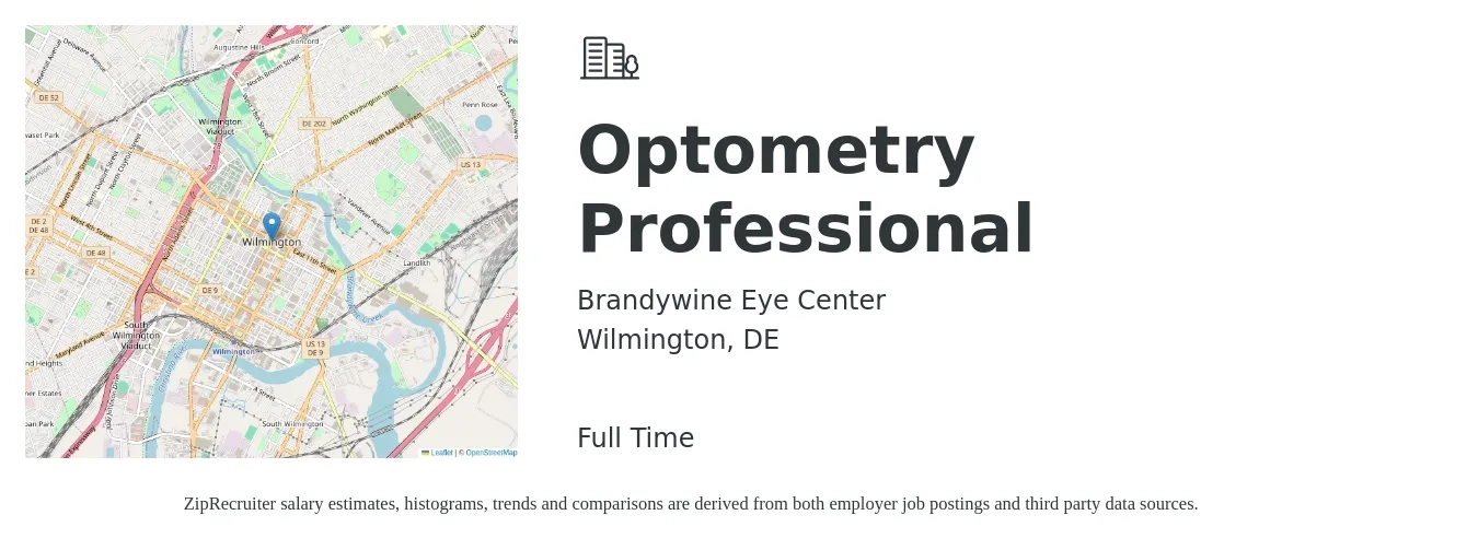 Brandywine Eye Center job posting for a Optometry Professional in Wilmington, DE with a salary of $95,100 to $141,700 Yearly with a map of Wilmington location.