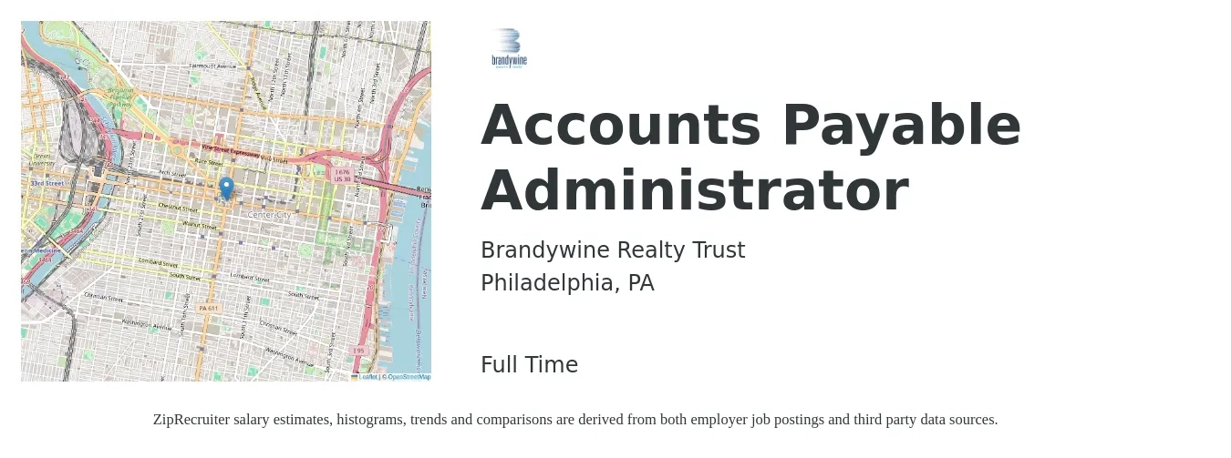 Brandywine Realty Trust job posting for a Accounts Payable Administrator in Philadelphia, PA with a salary of $20 to $27 Hourly with a map of Philadelphia location.