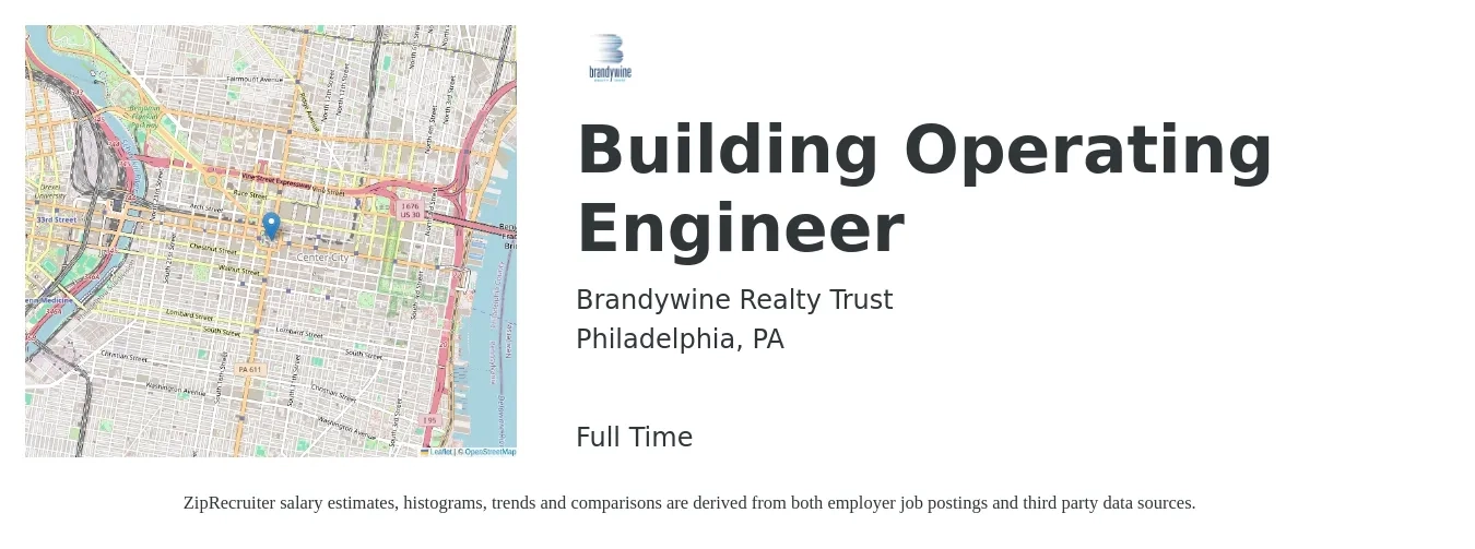 Brandywine Realty Trust job posting for a Building Operating Engineer in Philadelphia, PA with a salary of $25 to $36 Hourly with a map of Philadelphia location.