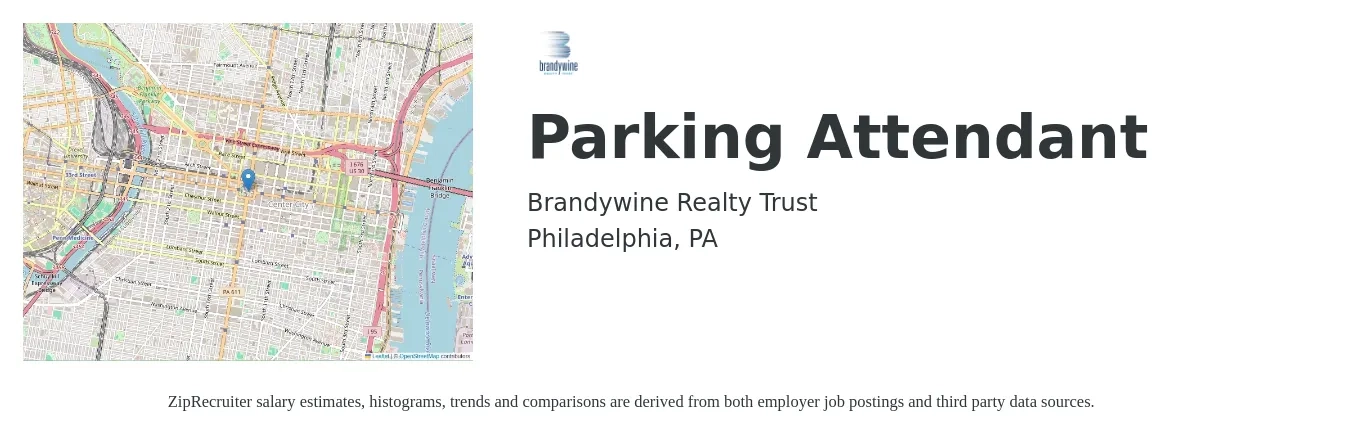 Brandywine Realty Trust job posting for a Parking Attendant in Philadelphia, PA with a salary of $15 to $18 Hourly with a map of Philadelphia location.