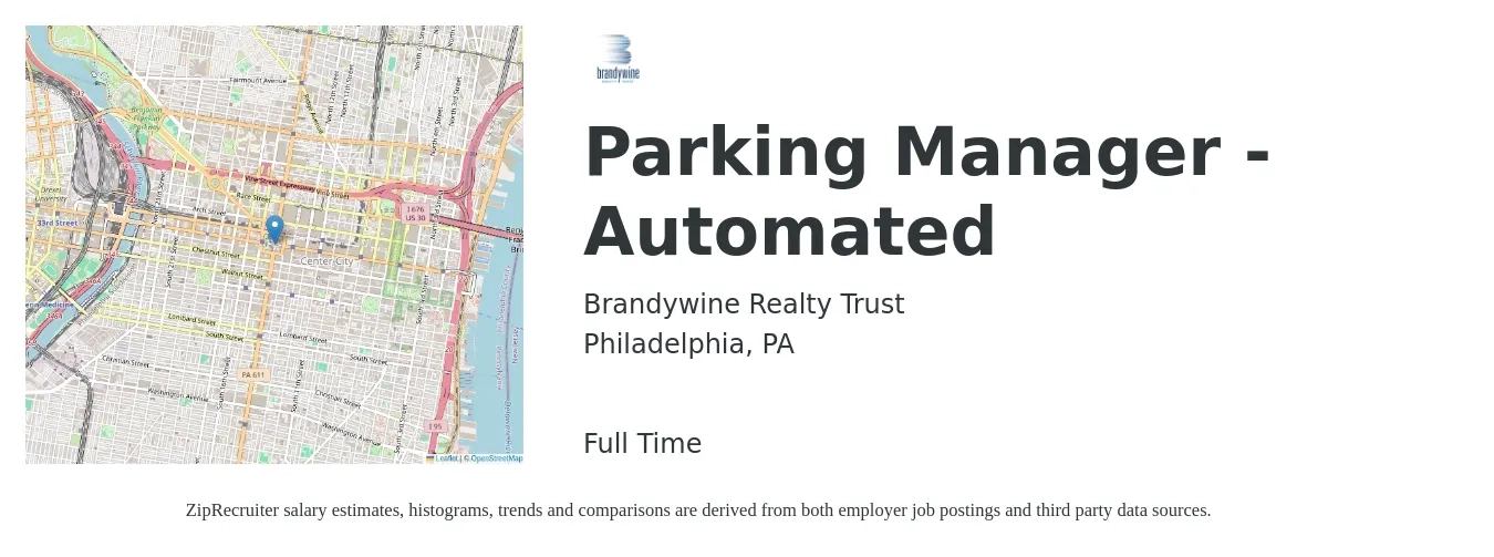 Brandywine Realty Trust job posting for a Parking Manager - Automated in Philadelphia, PA with a salary of $20 to $30 Hourly with a map of Philadelphia location.