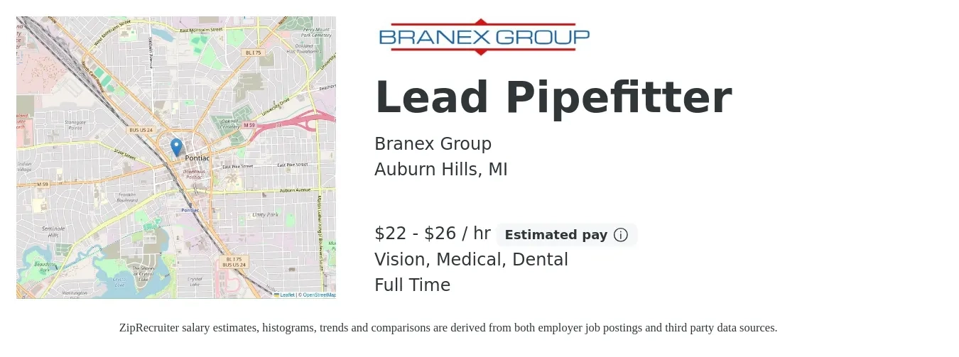 Branex Group job posting for a Lead Pipefitter in Auburn Hills, MI with a salary of $23 to $28 Hourly and benefits including medical, retirement, vision, and dental with a map of Auburn Hills location.