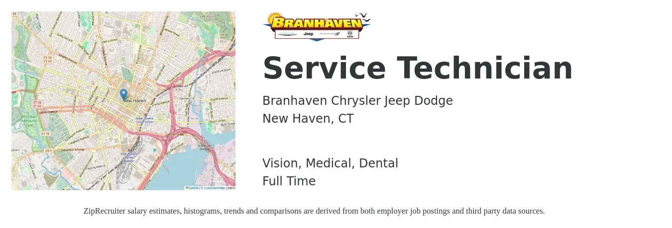 Branhaven Chrysler Jeep Dodge job posting for a Service Technician in New Haven, CT with a salary of $20 to $28 Hourly and benefits including dental, life_insurance, medical, retirement, and vision with a map of New Haven location.