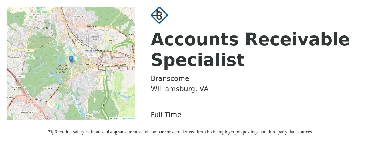 Branscome job posting for a Accounts Receivable Specialist in Williamsburg, VA with a salary of $20 to $26 Hourly with a map of Williamsburg location.