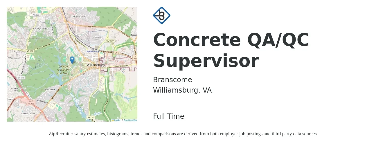 Branscome job posting for a Concrete QA/QC Supervisor in Williamsburg, VA with a salary of $80,100 to $106,400 Yearly with a map of Williamsburg location.