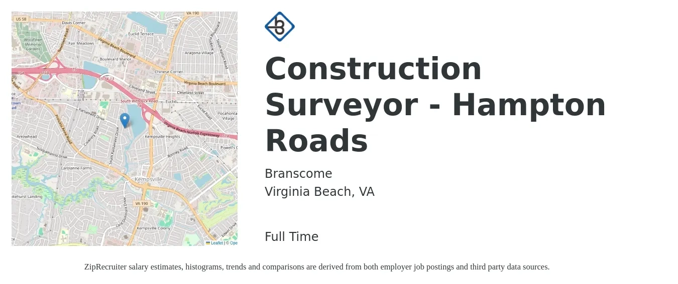 Branscome job posting for a Construction Surveyor - Hampton Roads in Virginia Beach, VA with a salary of $47,300 to $82,400 Yearly with a map of Virginia Beach location.