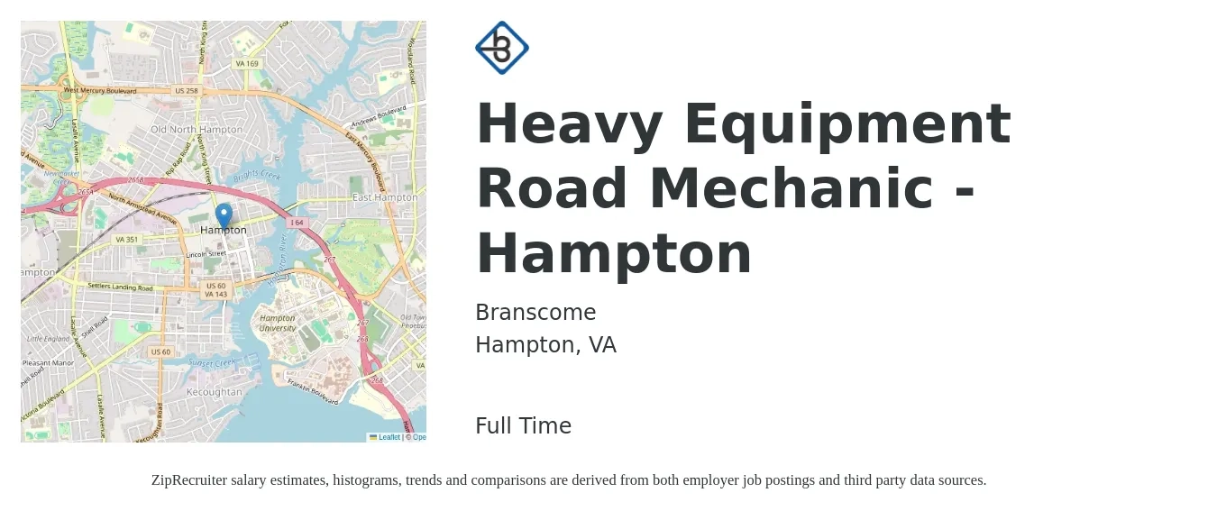 Branscome job posting for a Heavy Equipment Road Mechanic - Hampton in Hampton, VA with a salary of $26 to $34 Hourly with a map of Hampton location.