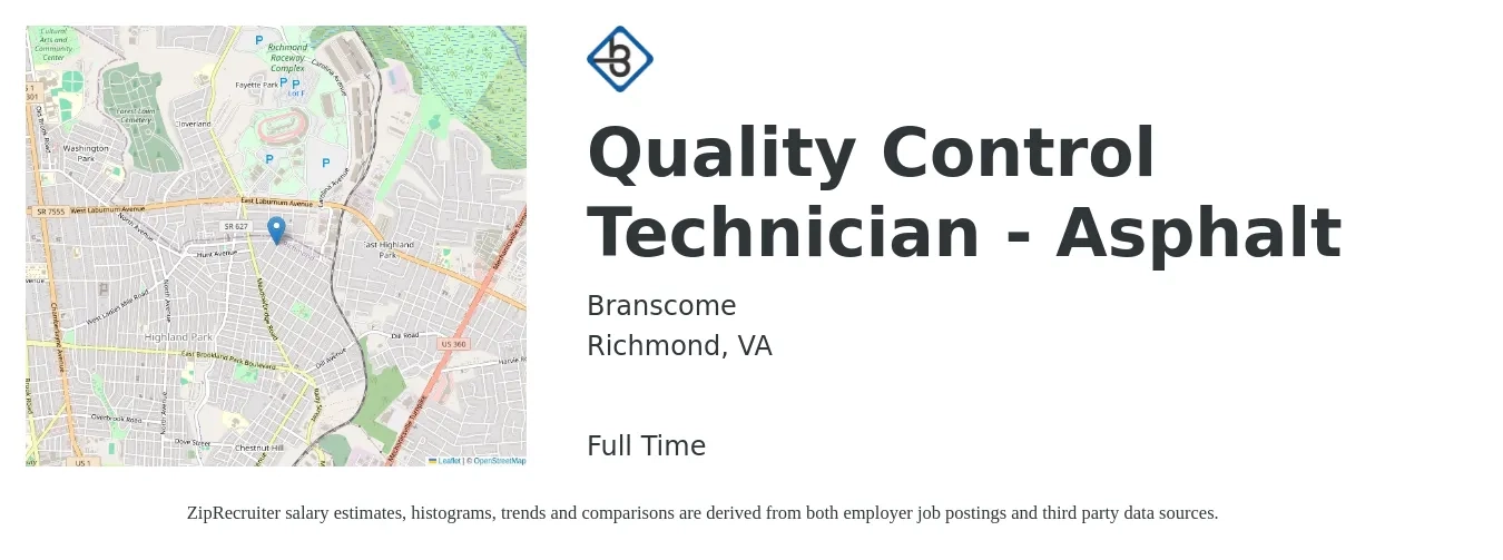 Branscome job posting for a Quality Control Technician - Asphalt in Richmond, VA with a salary of $17 to $22 Hourly with a map of Richmond location.