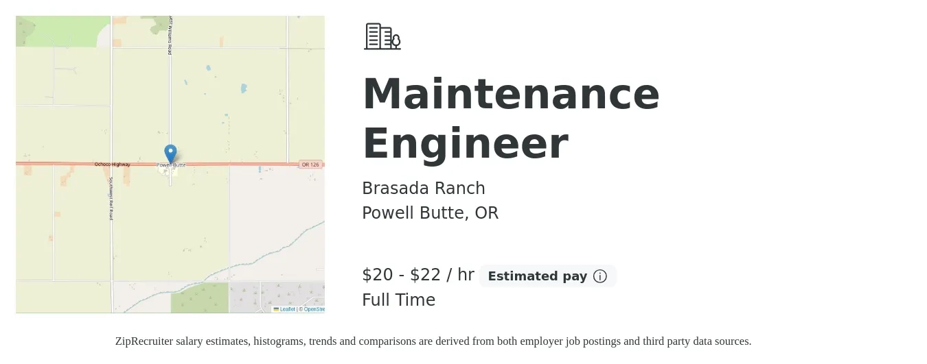 Brasada Ranch job posting for a Maintenance Engineer in Powell Butte, OR with a salary of $21 to $24 Hourly with a map of Powell Butte location.