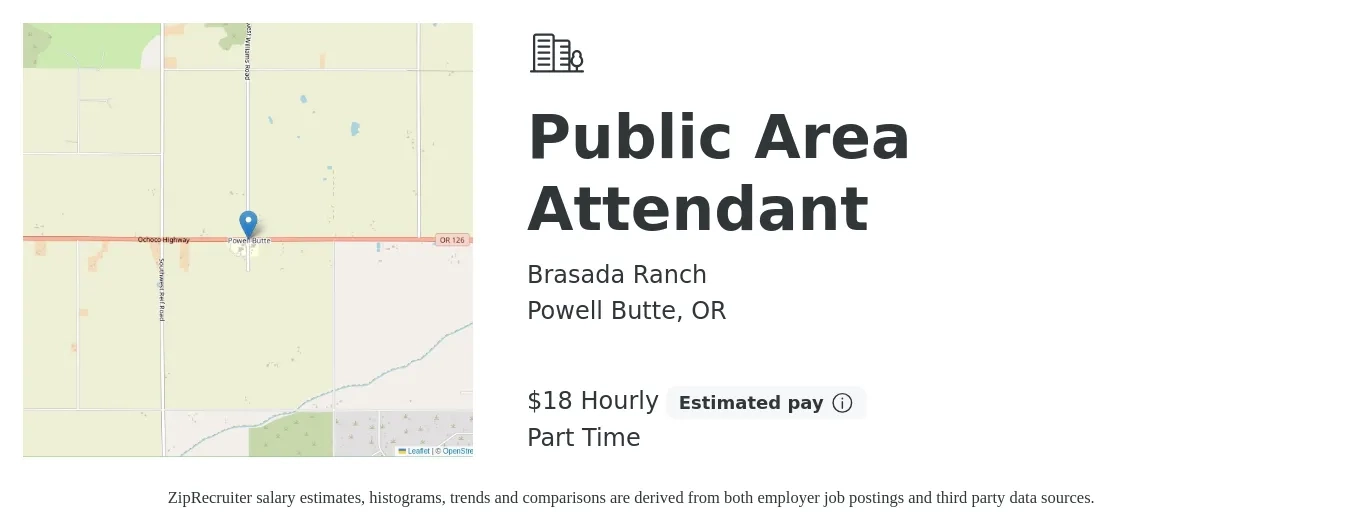 Brasada Ranch job posting for a Public Area Attendant in Powell Butte, OR with a salary of $19 Hourly with a map of Powell Butte location.