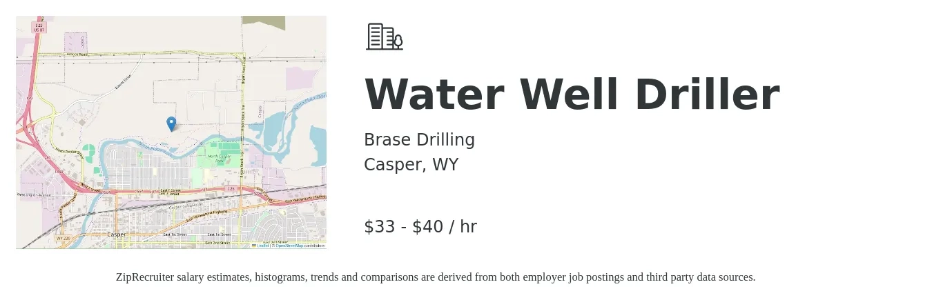 Brase Drilling job posting for a Water Well Driller in Casper, WY with a salary of $35 to $42 Hourly with a map of Casper location.