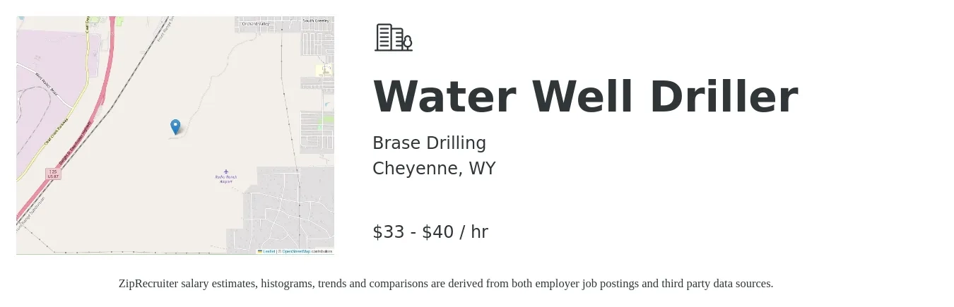Brase Drilling job posting for a Water Well Driller in Cheyenne, WY with a salary of $35 to $42 Hourly with a map of Cheyenne location.
