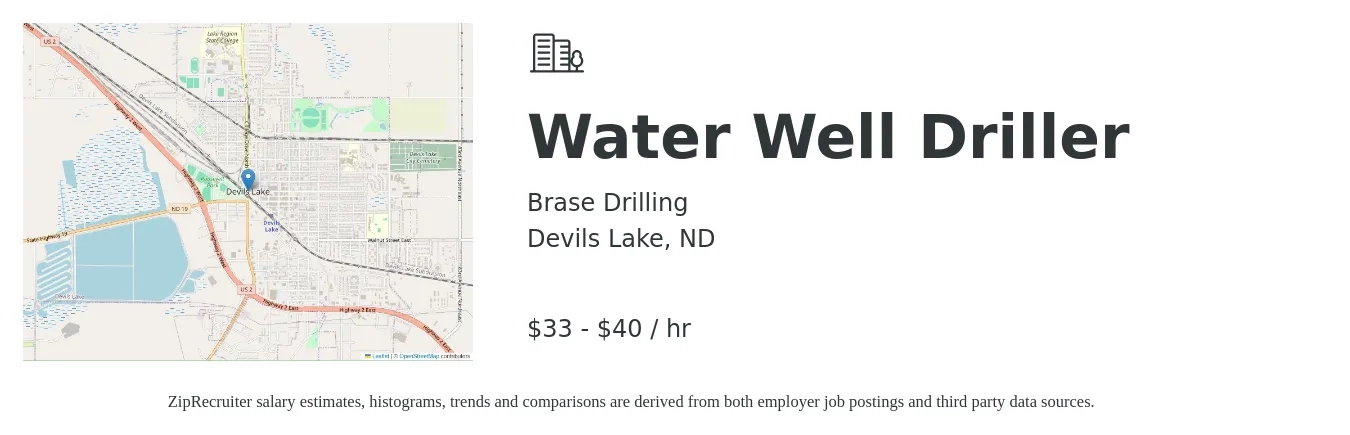 Brase Drilling job posting for a Water Well Driller in Devils Lake, ND with a salary of $35 to $42 Hourly with a map of Devils Lake location.