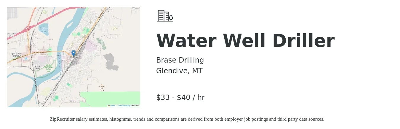 Brase Drilling job posting for a Water Well Driller in Glendive, MT with a salary of $35 to $42 Hourly with a map of Glendive location.