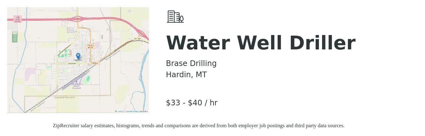 Brase Drilling job posting for a Water Well Driller in Hardin, MT with a salary of $35 to $42 Hourly with a map of Hardin location.