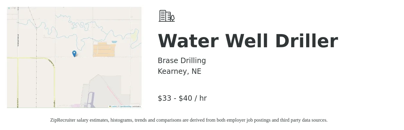 Brase Drilling job posting for a Water Well Driller in Kearney, NE with a salary of $35 to $42 Hourly with a map of Kearney location.