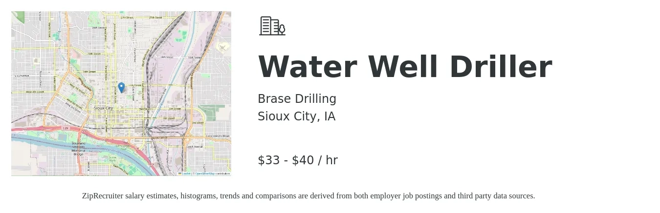 Brase Drilling job posting for a Water Well Driller in Sioux City, IA with a salary of $35 to $42 Hourly with a map of Sioux City location.